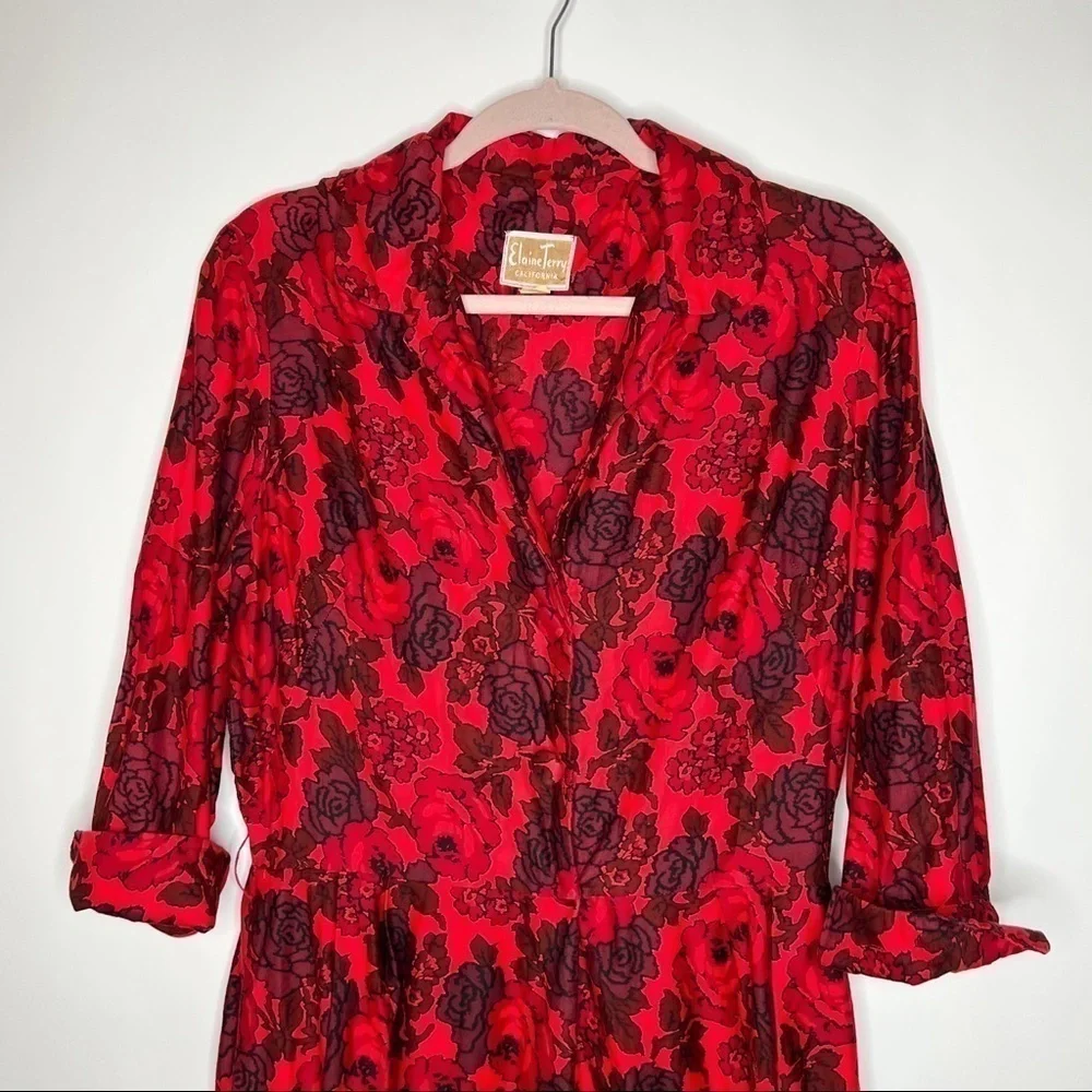 Vintage Floral Midi Dress Red Button Front 60s Sheath Elaine Terry Size Medium - Picture 2 of 13